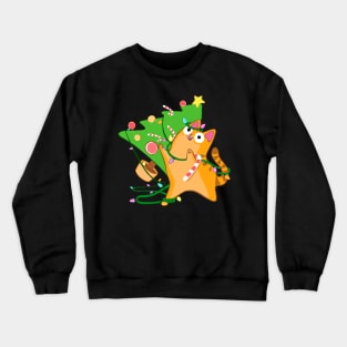 Zoomies Christmas Cat Orange Tabby Knocking Over Tree Funny Crewneck Sweatshirt